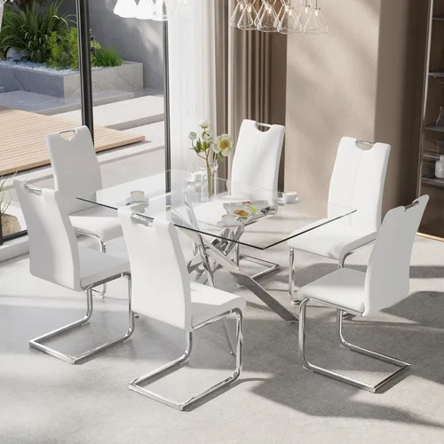 Vista 9 de Juego de mesa de comedor de 5 piezas para 4, mesa rectangular moderna de cristal con 4 sillas tapizadas de cuero, juegos de mesa y sillas de comedor