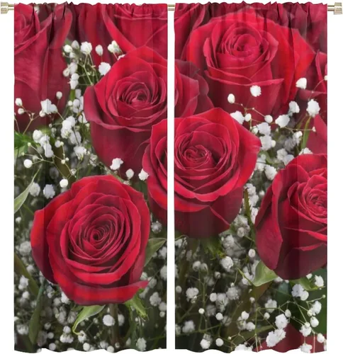 Vista 31 de Cortinas opacas con diseño floral de rosas para cocina, retro, rústicas, románticas, con bolsillo para barra, cortinas opacas para dormitorio, sala