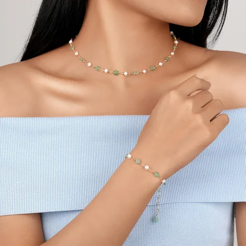 Vista 4 de Collar de perlas y jade natural chapado en oro de 14 quilates para mujer, dije de perlas naturales de agua dulce, juego de joyería de jade verde