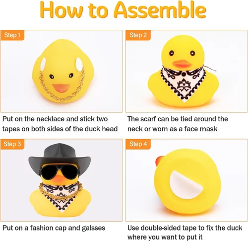 Vista 4 de wonuu Pato de goma para automóvil, decoración de pato amarillo con sombrero de sol, collar, gafas de sol para decoración de tablero de automóvil