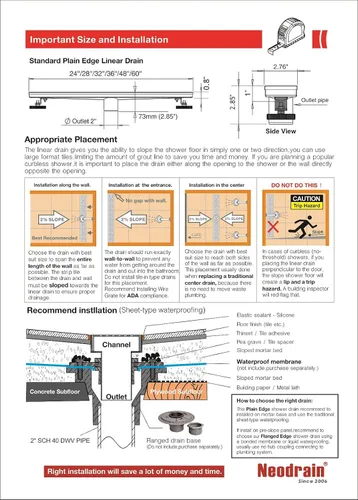 Vista 8 de Neodrain Drenaje lineal rectangular de 24 pulgadas con rejilla de patrón de ladrillo, drenaje de piso de baño de acero inoxidable 304, acabado