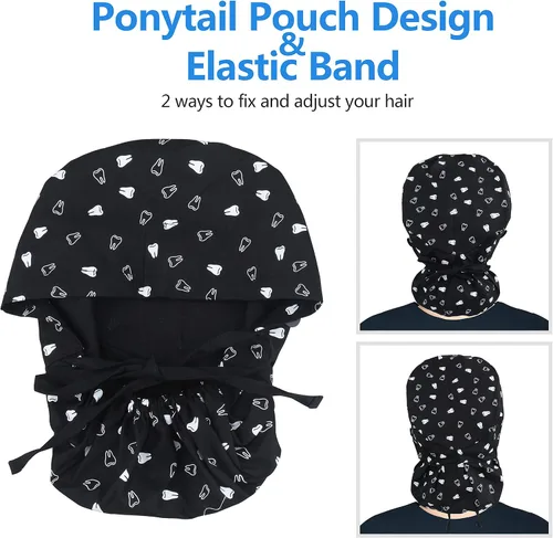 Vista 6 de QBA Gorra de trabajo ajustable con botón, gorro forrado de satén, gorro de trabajo de algodón, banda elástica para atar en la espalda, unisex Pt