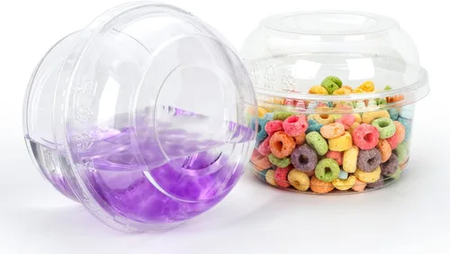 Vista 8 de Golden Apple, Combo de contenedor redondo de plástico PET reciclado ultra transparente de 8 onzas y tapa plana - 20