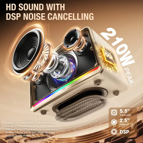 W-KING Altavoz Bluetooth para el hogar de 210 W Max - Altavoces inalámbricos retro con graves ricos, tiempo de reproducción de 24 horas, entradas