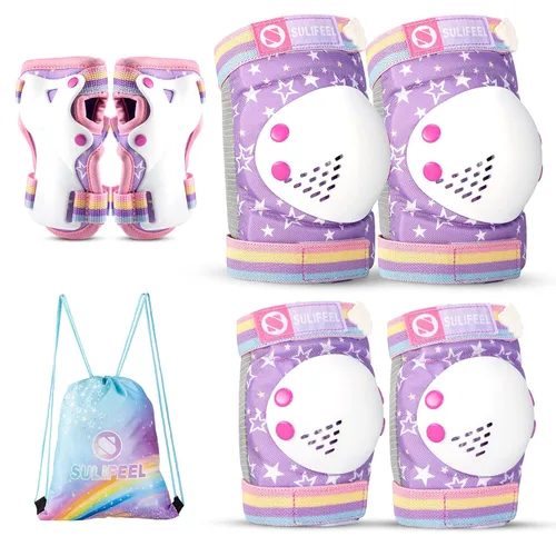 Vista 8 de SULIFEEL Rodilleras de arcoíris y unicornio para niños, coderas, muñequeras con bolsa de cordón, juego de equipo de protección ajustable para niñas