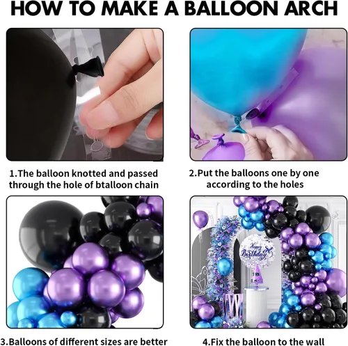 Vista 3 de Kit de arco de globos morados y azules, 105 globos de cumpleaños de 5, 10, 18 pulgadas, kit de guirnalda de globos de color azul metálico, morado