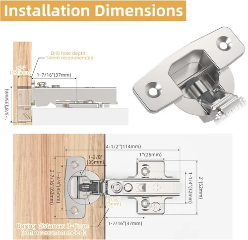 Vista 6 de Furniware Paquete de 2 Bisagras de gabinete sin marco de superposición completa de cierre suave, Bisagras europeas de cierre suave con control
