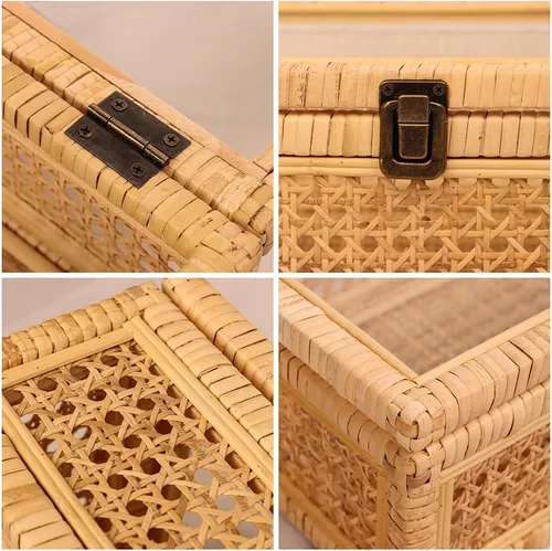 Vista 8 de Caja decorativa de ratán extra grande con tapa, pantalla de vidrio, marco de madera, tamaño grande y rectangular, juego de 2 cajas decorativas