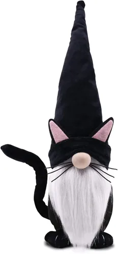 Upltowtme Gnomo de gato negro de peluche de 13.5 pulgadas, hecho a mano, figura escandinava de Tomte, gnomos de Halloween, Navidad, decoración de