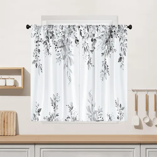 Vista 19 de Cortina de eucalipto negro y gris, cenefa para tratamiento de ventana, estilo bohemio, rústico, floral, bolsillo para barra, cortinas de ventana