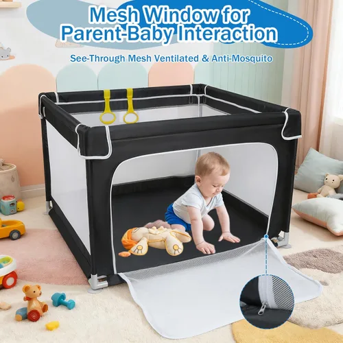Vista 2 de Corralito para bebés y niños pequeños, valla para el suelo, malla suave y transpirable, base antideslizante, mini patio de juegos con anillo