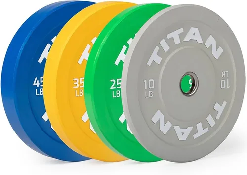 Vista 7 de Titan Fitness Economy Olympic Bumper Plates, Color-Coded by IWF Standards, Low Bounce Rubber with Steel Insert, Weightlifting and Strength Training