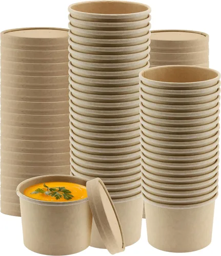 NYHI Kraft - Paquete de 50 cuencos de papel pequeños de 12 onzas con tapas, aislados, desechables, para alimentos fríos y calientes, con tapas