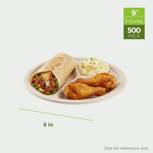 Vista 2 de KARAT EARTH Platos de papel desechables compostables de 9 pulgadas (paquete de 500) 3 compartimentos, fibra moldeada, paquete ecológico a granel