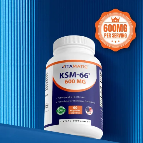 Vista 5 de Vitamatic KSM-66 Extracto de raíz de Ashwagandha + bioperina - 600 mg, 60 cápsulas vegetales (1200 mg por 2 cápsulas)