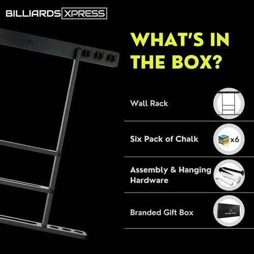 Vista 3 de Pool Cue Rack - Pool Stick Holder Wall Mount With 16 Ball Holders & 6 Pack Of Chalk - Rubber Circle Pads & Large Clips Prevent Damage - Billiard