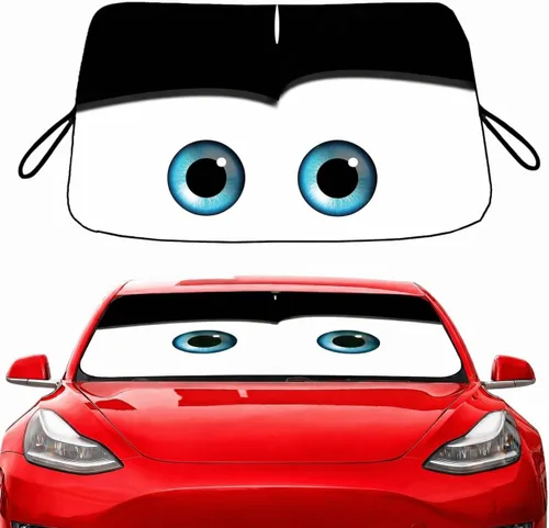 Vista 12 de Parasol para parabrisas de automóvil, ojos divertidos de automóvil, visera solar resistente al desgaste con cinta negra, plegable 63.7" L x 32" W