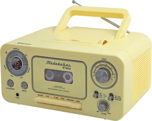 Vista 5 de Studebaker CD estéreo portátil Bluetooth, radio estéreo AM/FM y reproductor de cassette/grabadora (negro y dorado)