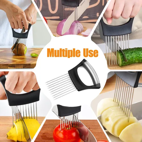 Vista 7 de Soporte de cebolla para rebanar, cortador de cebolla de acero inoxidable, soporte para rebanar cebollas con cubierta protectora, picador de verduras