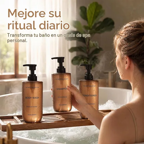 Vista 6 de Botellas dispensadoras de champú y acondicionador, paquete de 3 unidades Marrón ámbar