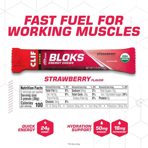 Vista 2 de CLIF BLOKS - Sabor a fresa - Masticables energéticos - Sin OGM - A base de plantas - Combustible rápido para ciclismo y correr - Carbohidratos