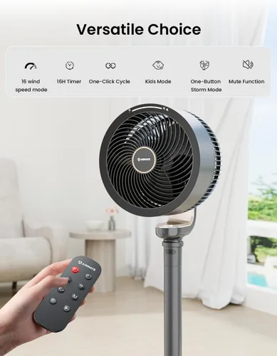 Vista 6 de AIRMATE Ventilador de pedestal para dormitorio, ventilador de pie con motor de CC de 16 velocidades con control remoto, oscilación omnidireccional