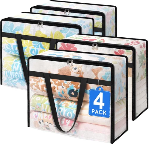 TasticTotes Paquete de 4 bolsas de almacenamiento transparentes para edredón, ropa y ropa de cama, almacenamiento de mantas de plástico con