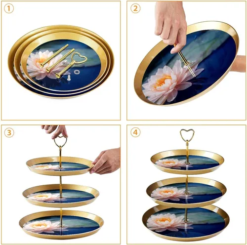 Vista 4 de 3 Tier Cake Stand, Lotus Flower Dessert Display Tower, Plastic Round Cupcake Holder Serving Tray for Wedding Birthday Tea Party Baby Shower