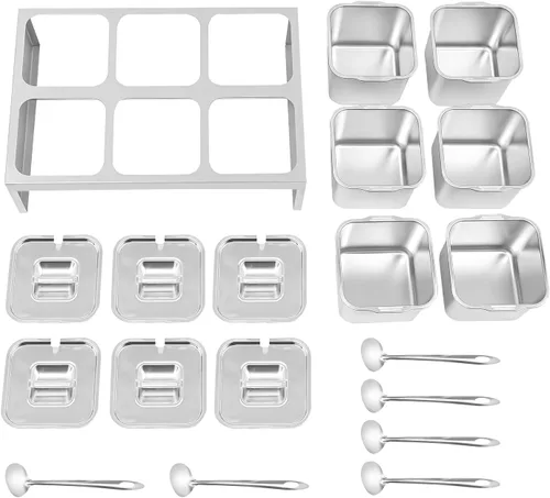 Vista 7 de Recipientes de condimentos de acero inoxidable, 6 estaciones de cobertura de pizza de 2.4 L, para preparar ingredientes y coberturas, recipientes