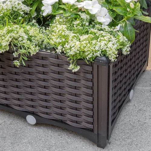 Vista 4 de Barton Cama de jardín elevada de plástico marrón con diseño de riego automático para exteriores, kit de jardinera elevada con ruedas móviles