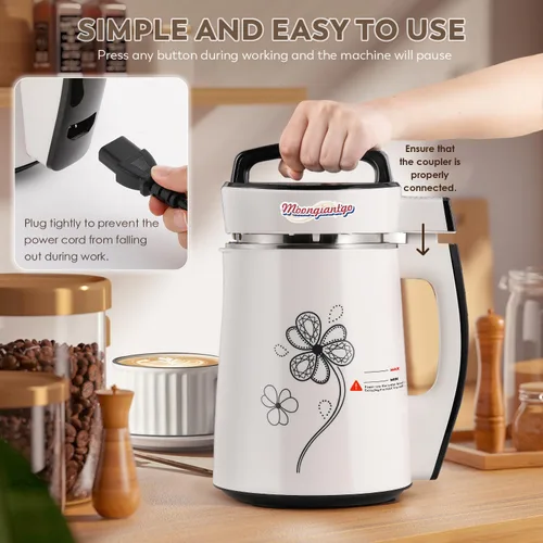 Vista 6 de Moongiantgo Máquina automática de leche de soja de 37.2 onzas, 37.2 fl oz, máquina de leche de nueces 8 en 1 con autolimpiación/hervir agua/receta