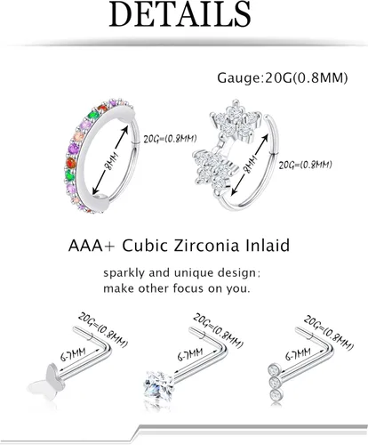 Vista 2 de Akeoqi 29 aros de nariz de 0.71 oz, aros de nariz de acero inoxidable, forma de tornillo de hueso en L, circonita cúbica, mariposa, serpiente