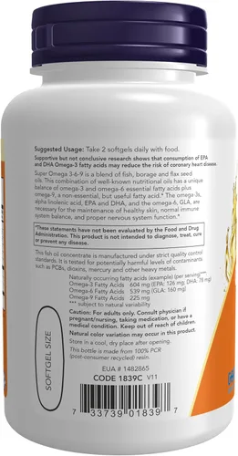 Vista 3 de NOW Suplementos, Super Omega 3-6-9 1200 mg con una mezcla de aceites de pescado, borraja y semillas de lino, 90 cápsulas blandas
