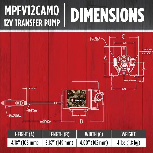 Vista 2 de Red Lion MPFV12CAMO 14942008 Bomba de transferencia multiusos no sumergible de 12 V, 300 GPH con adaptador de corriente para vehículo, camuflaje