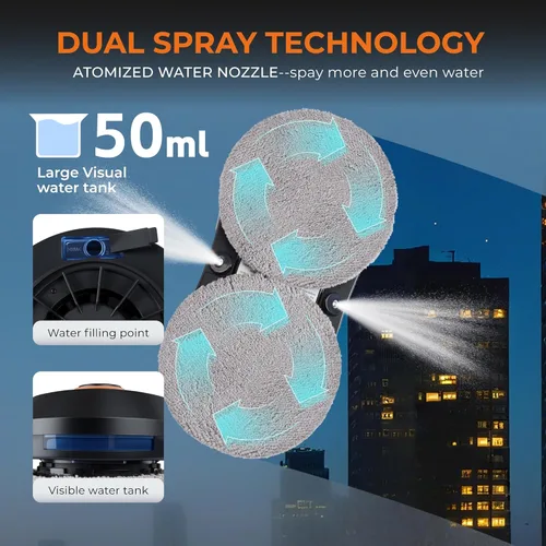 Vista 3 de FRUITEAM Robot de limpieza de ventanas con rociador de agua doble, aplicación y control remoto, limpiador automático de ventanas con cinturón