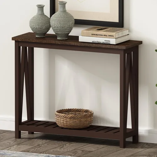 Vista 9 de ChooChoo Mesa de Consola para Entrada, Mesas de Sofá para Sala de Estar Estilo Granja, Mesa Estrecha para Pasillo y Vestíbulo con Estante, Negro