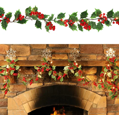 Vista 10 de ATDAWN - Guirnalda de Navidad Iluminada de Bayas Rojas de 7 Pies, Guirnalda Navideña Operada a Pilas con Luces, Guirnalda Artificial Flexible