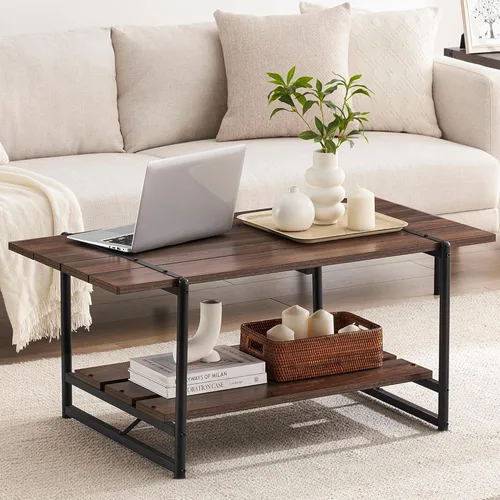 2-Tier Modern Industrial 41'' Large Wood Coffee Table with Storage Shelf - Rustic Metal Rectangle Center Living Room Coffee Table Accent Furniture
