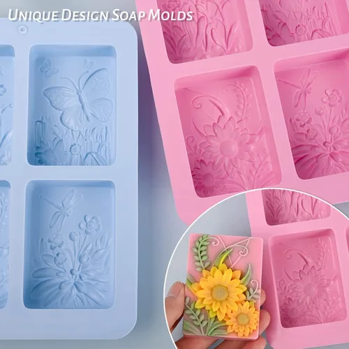 Vista 4 de Moukiween Moldes de Jabón de Silicona, Moldes de Insecto Floral Rectangulares 3D de Silicona para Jabón Artesanal, Bombas de Baño, Barras