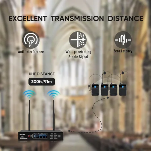 Vista 3 de Micrófono de solapa inalámbrico de 4 canales, juego de 4 auriculares y micrófonos de solapa con receptor de metal UHF de frecuencia ajustable de 4 x