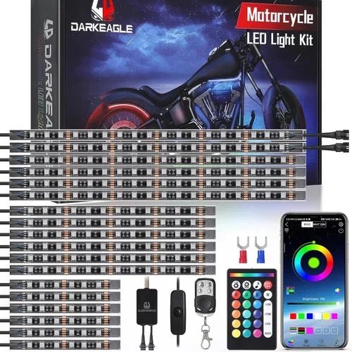 Vista 8 de 8 kits de luces LED RGB segmentadas para motocicleta con control remoto APP/RF, luces subterráneas multicolor con señal de giro de freno, tira
