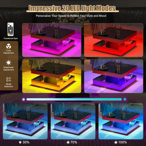 Vista 6 de HedoAjim Mesa de centro LED negra para sala de estar, mesa de sala de estar, mesas centrales cuadradas de 2 niveles, mesas de centro de madera