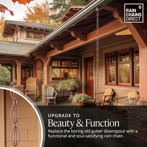 Vista 2 de Rain Chains Direct Bucle ovalado doble, 8.5 pies de largo, 100% cobre, reemplazo funcional y decorativo para bajantes de canaleta