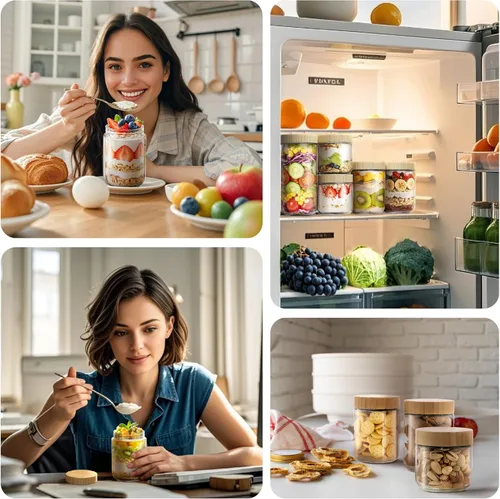 Vista 8 de Paquete de 2 recipientes para avena nocturna de 10 onzas con tapas de bambú, frascos de vidrio con tapas herméticas para preparación de comidas