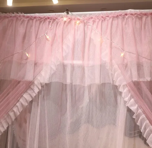 Vista 7 de VETHIN Cortina de cama de 4 esquinas con volantes estilo princesa - Doble capa de cortina con diseño acogedor y red para mosquitos para dormitorio