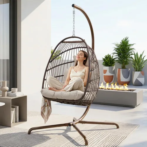 Vista 2 de Hamaca colgante de mimbre, para interiores y exteriores, en forma de huevo, con almohadones resistentes a los rayos UV y estructura de aluminio