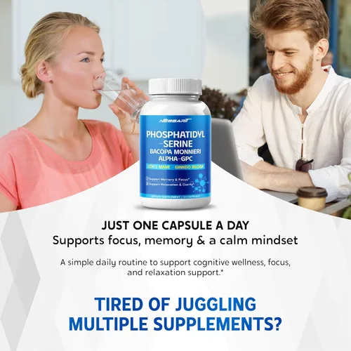 Vista 2 de Fosfatidilserina, Bacopa, Alpha-GPC, melena de león y ginkgo - Apoya la función cognitiva y el enfoque - 150 cápsulas