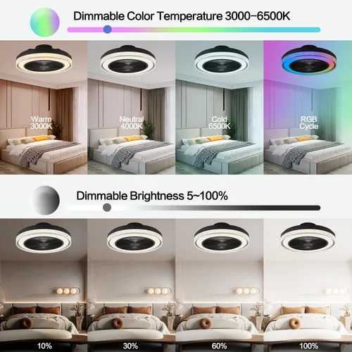 Vista 6 de Ventilador de techo RGB de 20 pulgadas con luces con control remoto, ventiladores de techo sin aspas de perfil bajo, cambio de color, ventilador
