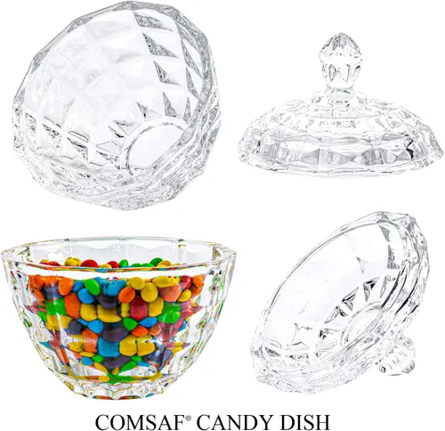 Vista 8 de ComSaf Plato de cristal para dulces con tapa, tarros pequeños de 9 onzas con tapa para escritorio de oficina, plato de dulces cubierto