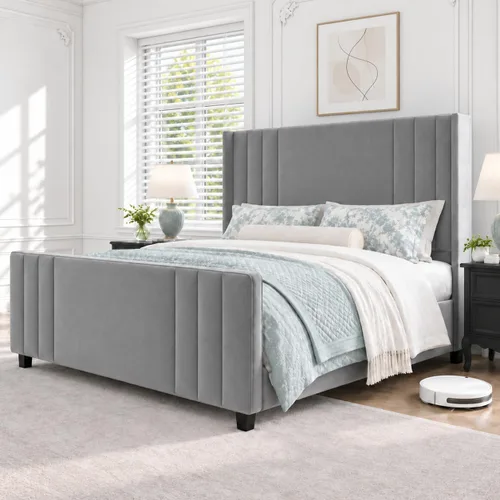 Vista 11 de Albott Base de cama de plataforma tamaño Queen, cama tapizada con cabecera y pie de cama con respaldo alado acolchado de canales verticales Negro